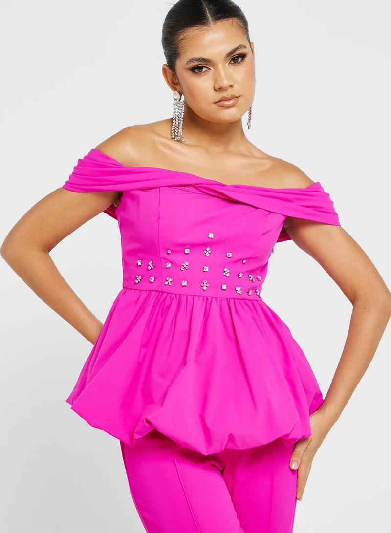 Femi9 Cold Shoulder Embroidered Top