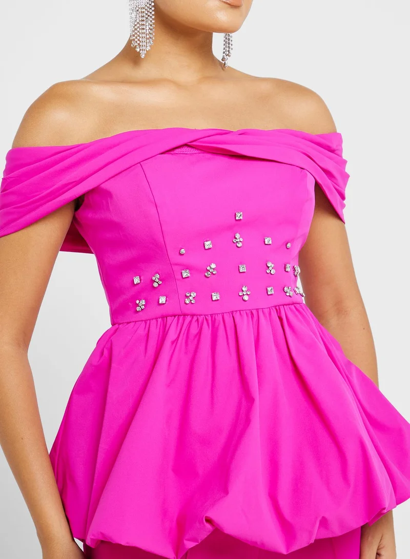 Femi9 Cold Shoulder Embroidered Top
