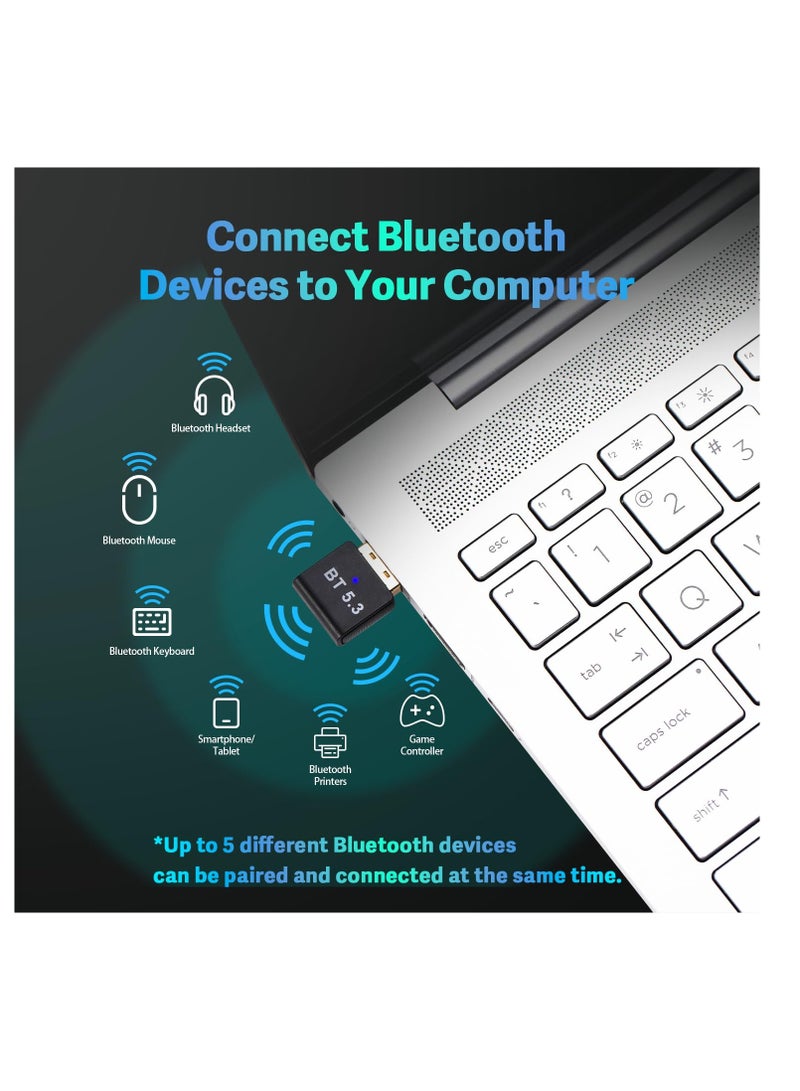 Excefore Bluetooth 5.3 USB Adapter for PC Desktop,, Wireless Transmitter Dongle for Windows 11/10/8.1/7 Computer Laptop, Plug and Play, No Driver Required, for Headset Speaker Keyboard Mouse Printer - Image 3