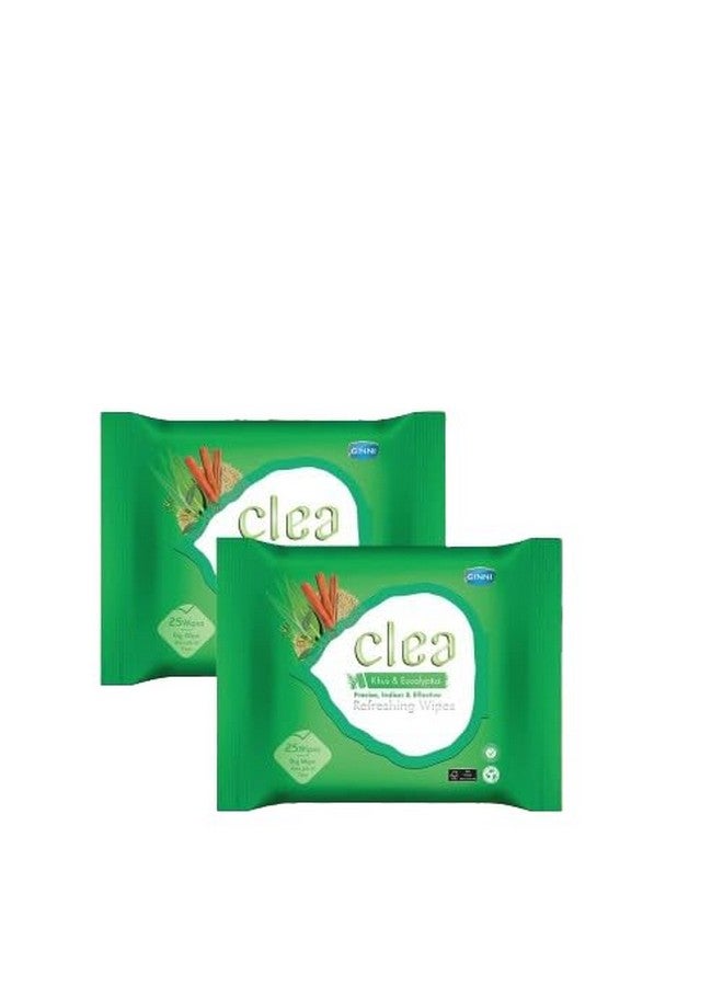 CLEA مناديل مبللة منعشة للوجه من كليا خوس والأوكالبتوس - تبريد، تجديد، تتحكم في العرق، غنية بمضادات الأكسدة، تحافظ على نضارة البشرة - عبوة من 2 (25 منديل لكل منها، حجم منديل كبير: 200 مم × 200 مم) - Image 1