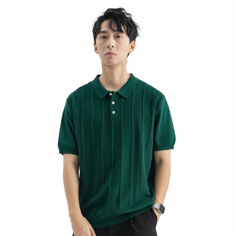 Mens Knitted Polo Shirt Short Sleeve Business Casual Summer Top - Image 1