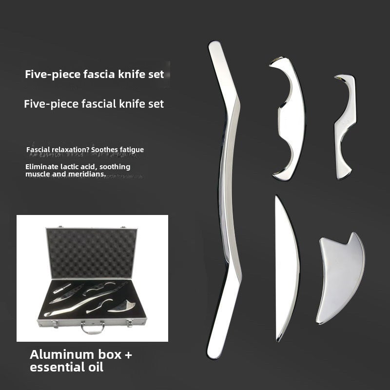 Five-piece set of fascial knife stainless steel neck mask knife myofascial release muscle relaxation scraping tendon scraping leg stick massager([Type C] flannelette bag) - Image 5