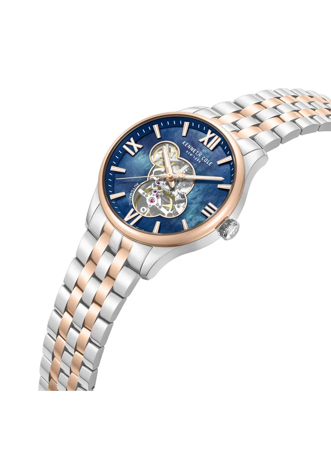 كينيث كول نيو يورك Blue Mother Of Pearl Dial Stainless Steel Bracelet Multifunction Watch for Men, 43mm