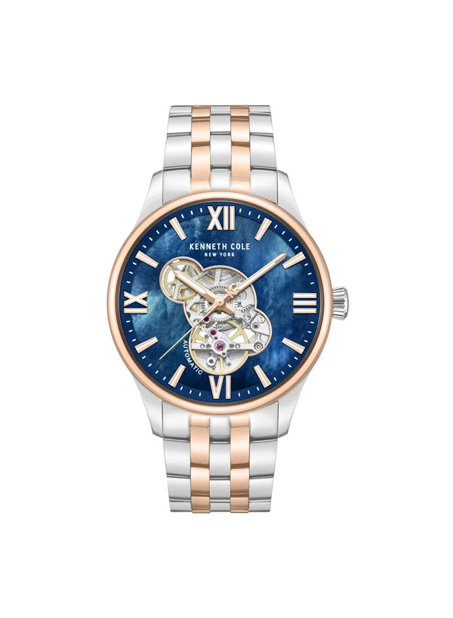كينيث كول نيو يورك Blue Mother Of Pearl Dial Stainless Steel Bracelet Multifunction Watch for Men, 43mm