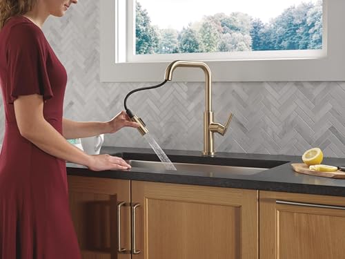 Delta Nicoli Brushed Gold USpout Kitchen Faucet with Pull Down Sprayer Modern Single Hole Kitchen Sink Faucet Single Handle Champagne Bronze 19868LFCZ - Image 3