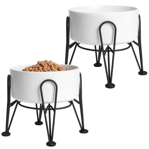 Kitwinney Elevated Dog Bowls Ceramic Raised Dog Bowl Set with AntiSlip and NonTip Metal Stand 2 Pack Pet Food and Water Feeding Bowls for Small and Medium Dogs White36 Cups - Image 1