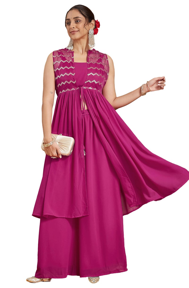 Janasya Women's Pink Georgette Sequined Front Slit Kurta with Crop Top Palazzo Set (JAB25ST02392-S) - Image 1