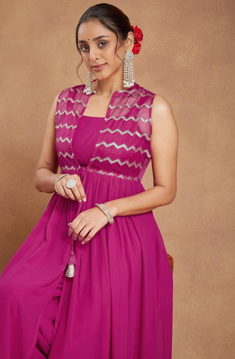 Janasya Women's Pink Georgette Sequined Front Slit Kurta with Crop Top Palazzo Set (JAB25ST02392-S) - Image 2