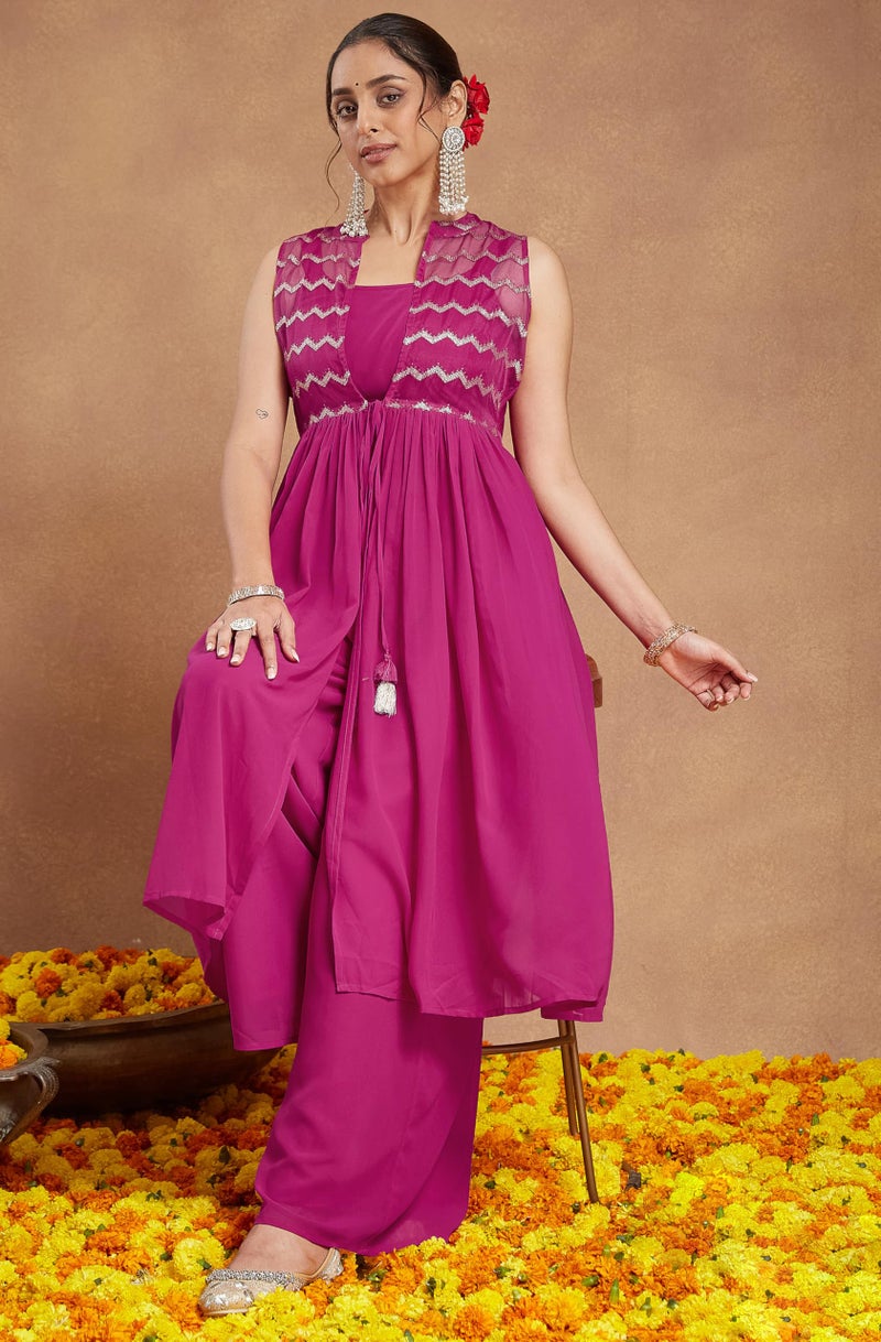 Janasya Women's Pink Georgette Sequined Front Slit Kurta with Crop Top Palazzo Set (JAB25ST02392-S) - Image 5