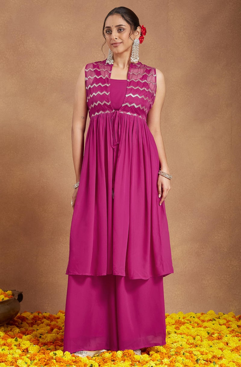 Janasya Women's Pink Georgette Sequined Front Slit Kurta with Crop Top Palazzo Set (JAB25ST02392-S) - Image 3