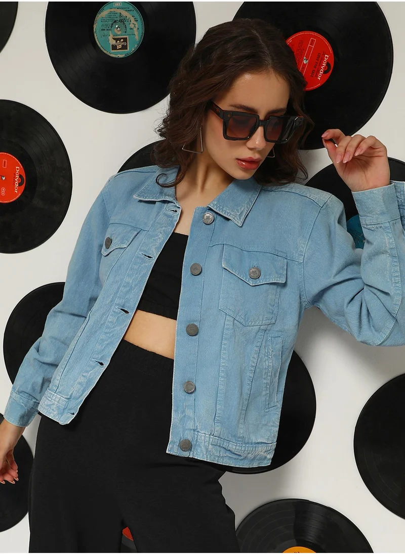 Campus Sutra Women's Sky Blue Light-Wash Relaxed Denim Jacket
