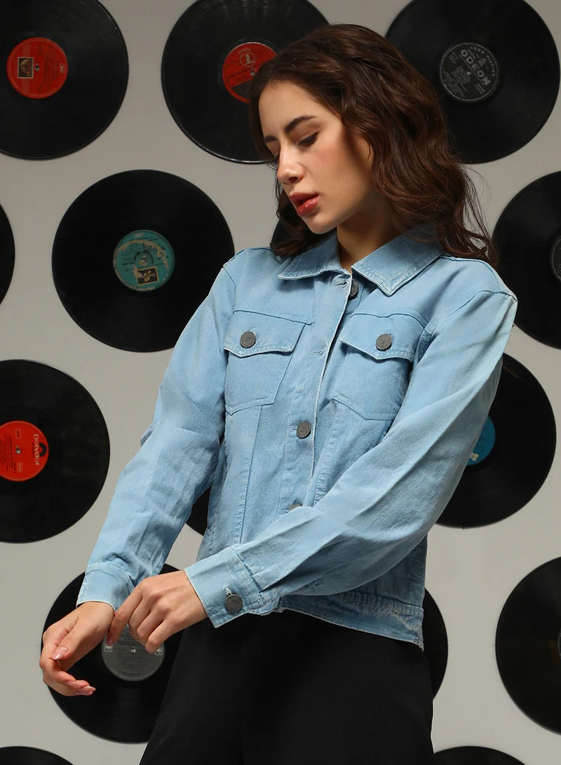 Campus Sutra Women's Sky Blue Light-Wash Relaxed Denim Jacket