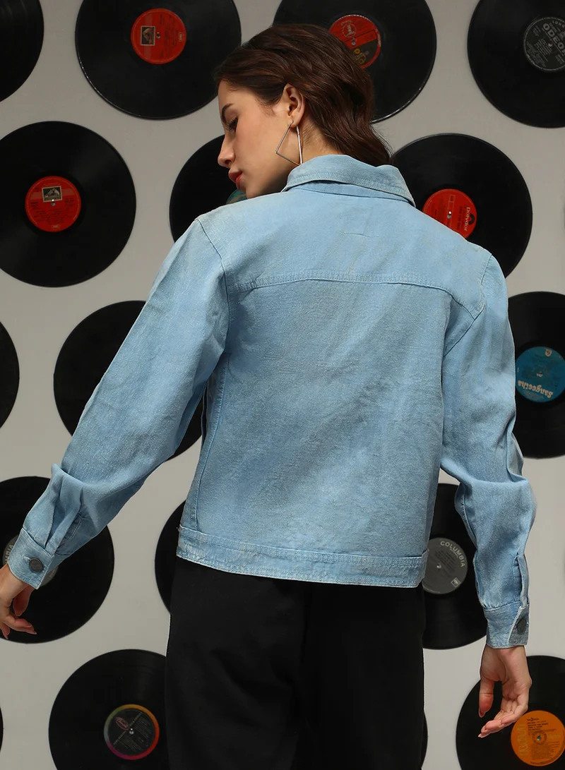 Campus Sutra Women's Sky Blue Light-Wash Relaxed Denim Jacket