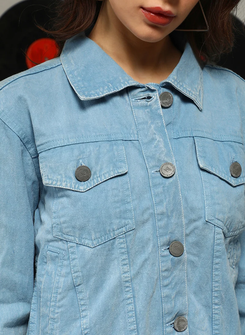 Campus Sutra Women's Sky Blue Light-Wash Relaxed Denim Jacket