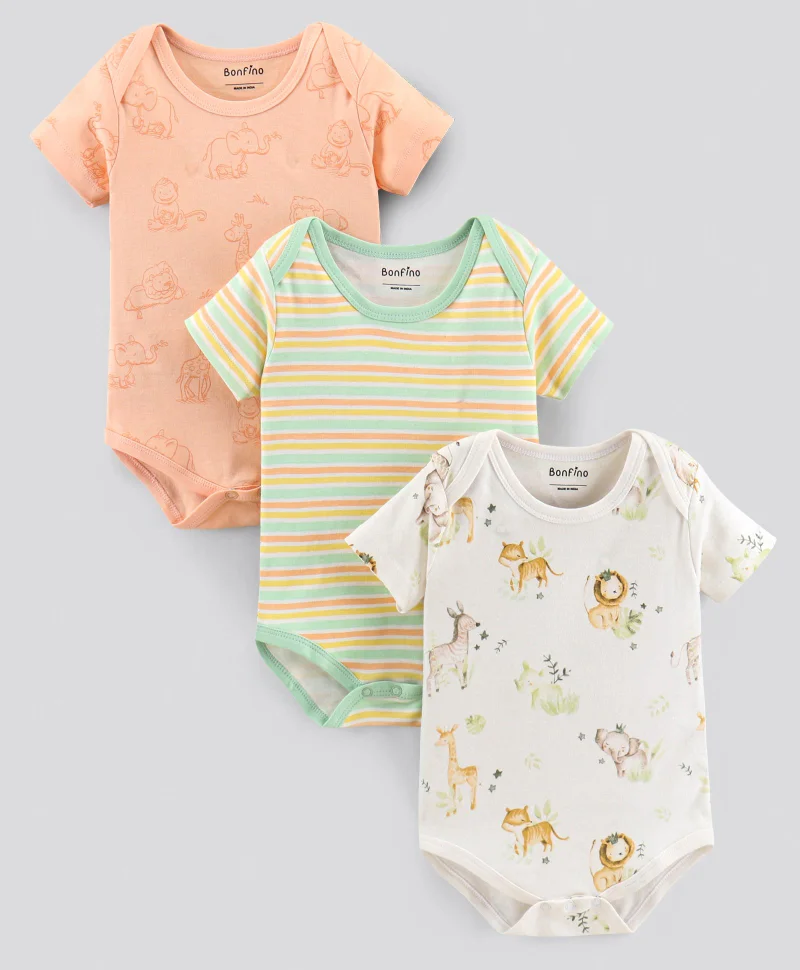 Bonfino Bonfino Half Sleeves Onesies Stripe & Animal Print Pack of 3 - OffWhite Yellow