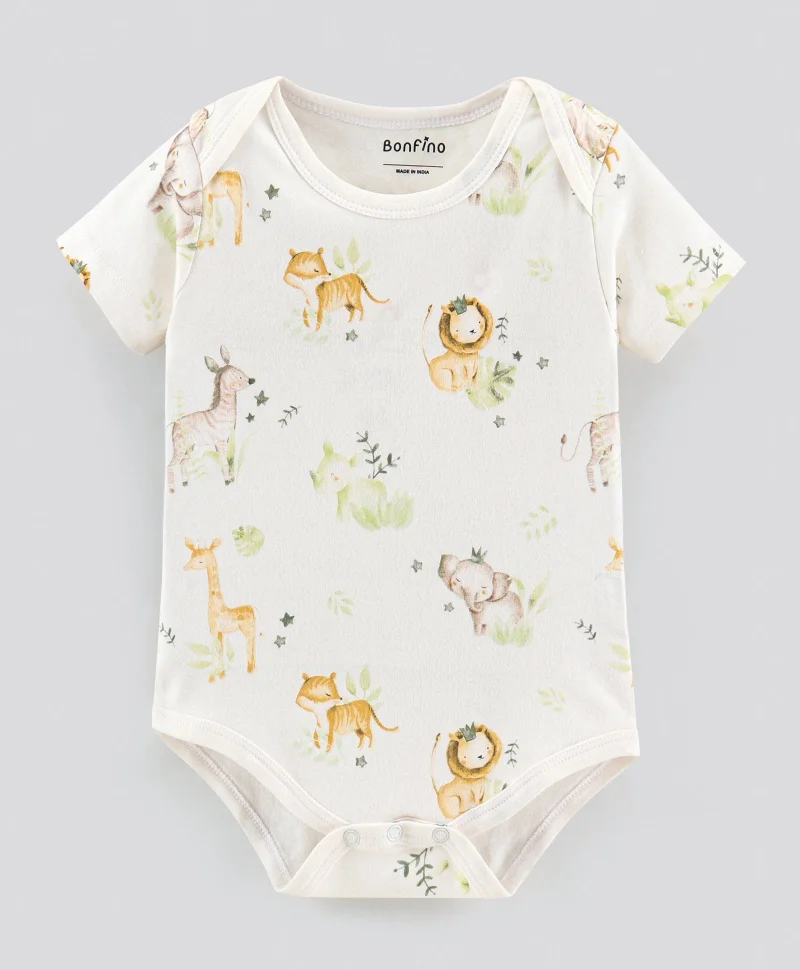 Bonfino Bonfino Half Sleeves Onesies Stripe & Animal Print Pack of 3 - OffWhite Yellow