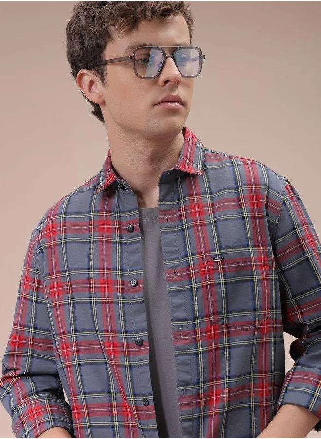 The Indian Garage Co Men Slim Fit Checkered Full Sleeves Cutaway Collar Casual Shirt