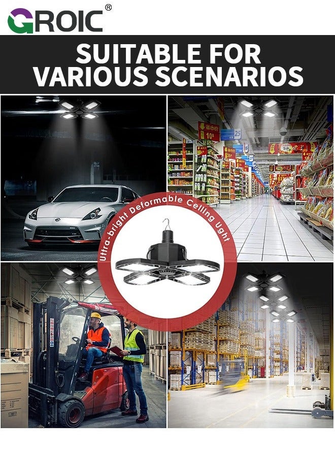GROIC - LED Garage Light, Solar Work Lights for Shed, Ceiling Light with 4 Adjustable Metal Panels, Remote Control Shop Basement Workshop Warehouse Attic(E26/E27) - Image 1