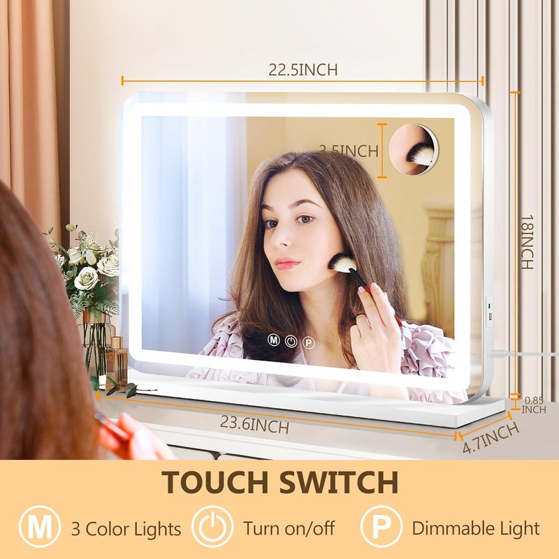 مرآة زينة Ratsamee 23×18 بوصة مع أضواء، مرآة مكياج LED مضيئة مع 3 ألوان قابلة للتعتيم، تحكم باللمس، منفذ شحن USB، هدايا للنساء والزوجات والفتيات المراهقات - Image 2