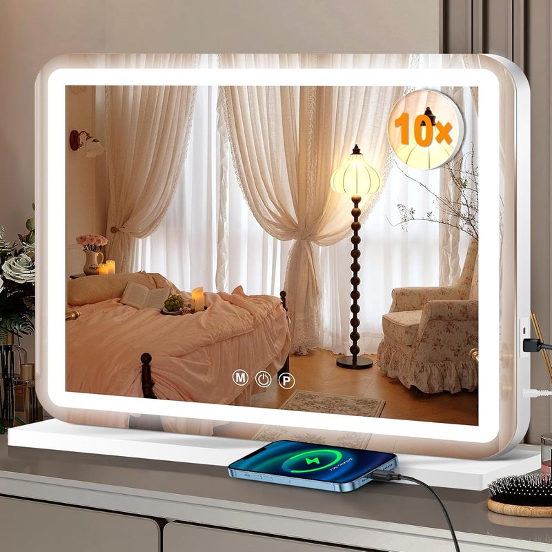 مرآة زينة Ratsamee 23×18 بوصة مع أضواء، مرآة مكياج LED مضيئة مع 3 ألوان قابلة للتعتيم، تحكم باللمس، منفذ شحن USB، هدايا للنساء والزوجات والفتيات المراهقات - Image 1