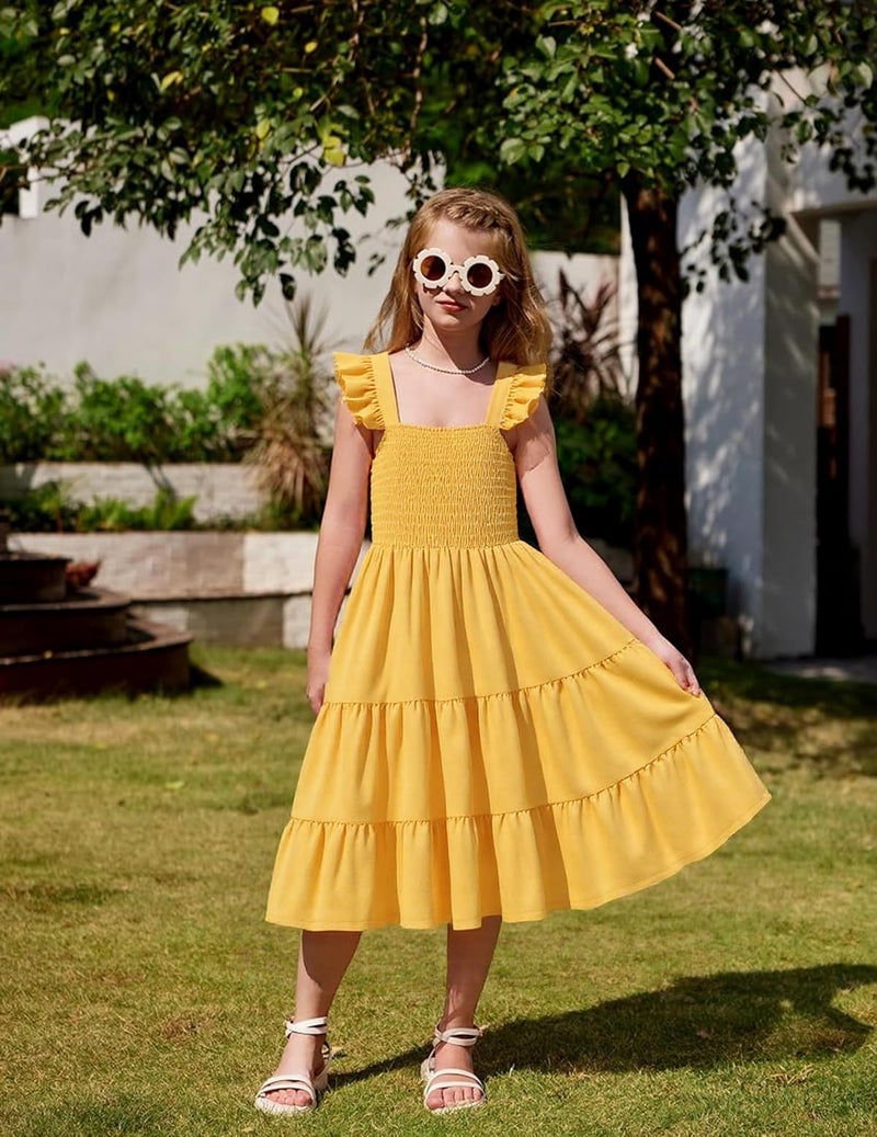RETSUGO Girls Beach Dresses Kids Summer Outfits Flutter Sleeve Casual Formal Smocked Tiered Wedding Party Long Yellow Dress 11-12 Years - Image 3