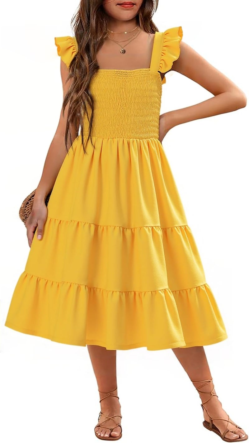 RETSUGO Girls Beach Dresses Kids Summer Outfits Flutter Sleeve Casual Formal Smocked Tiered Wedding Party Long Yellow Dress 11-12 Years - Image 1