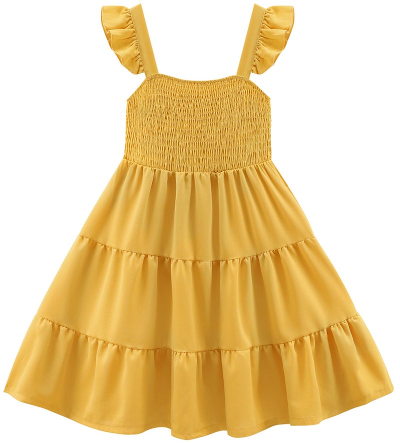RETSUGO Girls Beach Dresses Kids Summer Outfits Flutter Sleeve Casual Formal Smocked Tiered Wedding Party Long Yellow Dress 11-12 Years - Image 5