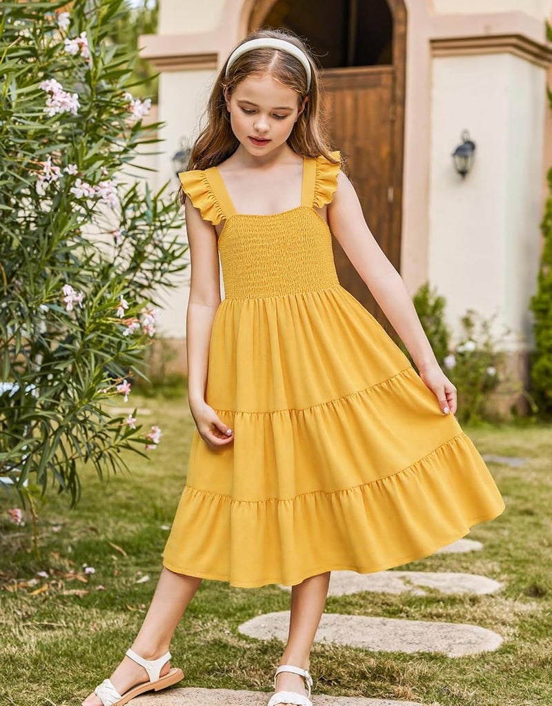 RETSUGO Girls Beach Dresses Kids Summer Outfits Flutter Sleeve Casual Formal Smocked Tiered Wedding Party Long Yellow Dress 11-12 Years - Image 2