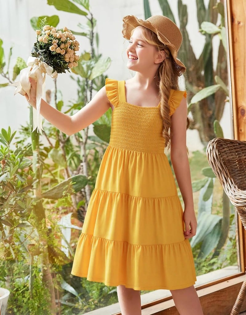 RETSUGO Girls Beach Dresses Kids Summer Outfits Flutter Sleeve Casual Formal Smocked Tiered Wedding Party Long Yellow Dress 11-12 Years - Image 4