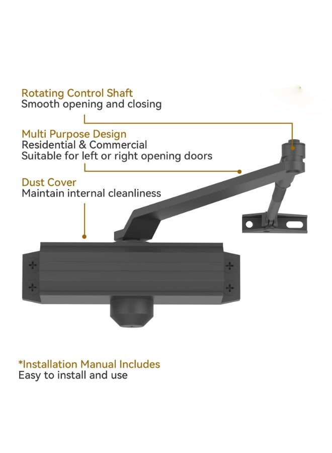 والالا Automatic Door Closer Heavy Duty Fire Prevention Spring Hydraulic Aluminum Alloy Surface Mounted Residential Commercial Grade Door Closer Adjustable Speed Door Weights 65-85 kg,Black - Image 5