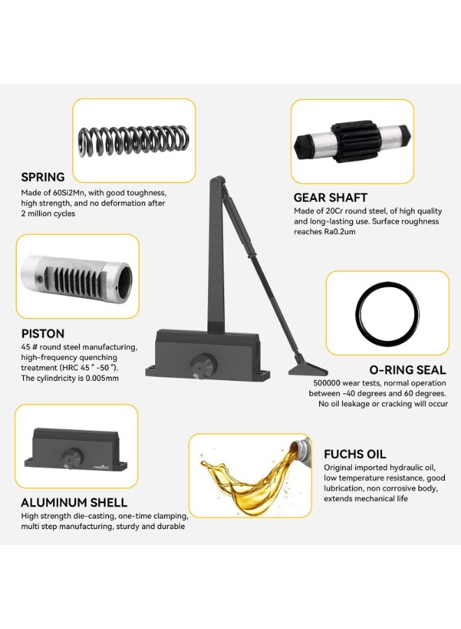 والالا Automatic Door Closer Heavy Duty Fire Prevention Spring Hydraulic Aluminum Alloy Surface Mounted Residential Commercial Grade Door Closer Adjustable Speed Door Weights 65-85 kg,Black - Image 3