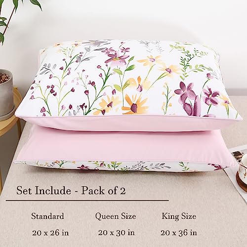 WINLIFE 100% Cotton Pillowcases Garden Floral Printed Pillow Cases Set of 2 Pillow Cover (King Size 20'' x 36'', Lilac) - Image 2