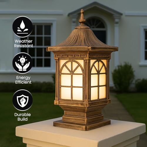GIGAWATTS 1266 Outdoor Gate Light – 101% Rust & Waterproof Die-Casting Aluminium Exterior Piller Lamp Base Mount for Garden, Boundary Walls & Home Entrances (B22 Holder, Bulb Not Included, Gold) - Image 4