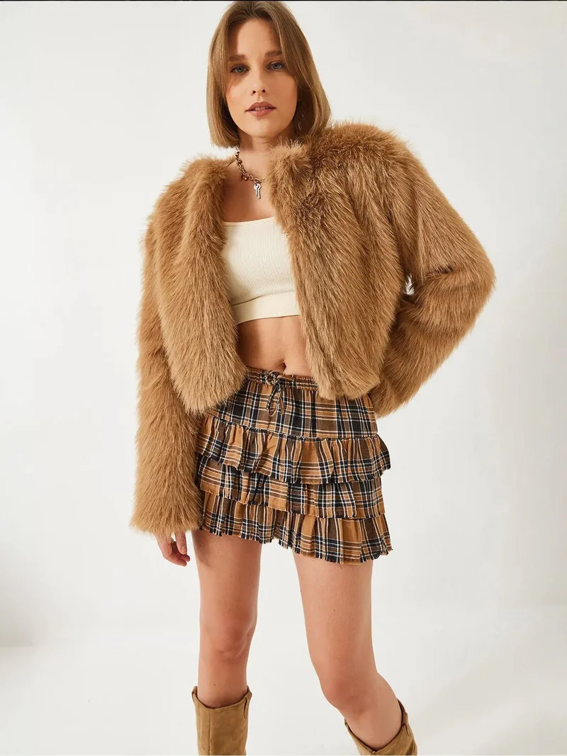 Bianco Lucci Camel Brown LUCCI Boxy Crop Faux Fur Coat for Women | Best Price UAE