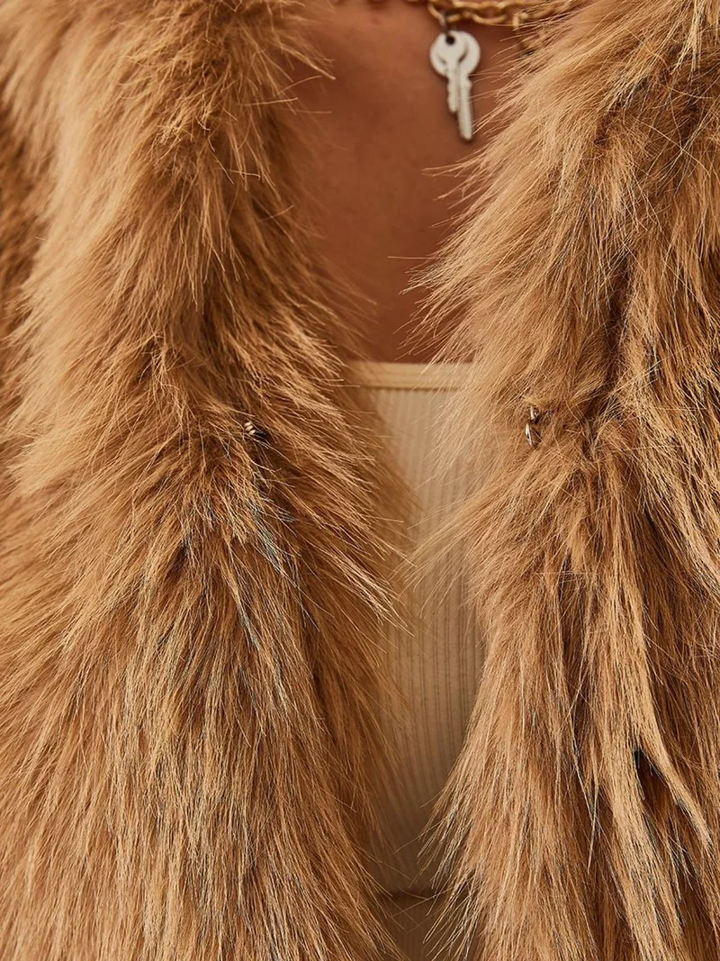 Bianco Lucci Camel Brown LUCCI Boxy Crop Faux Fur Coat for Women | Best Price UAE