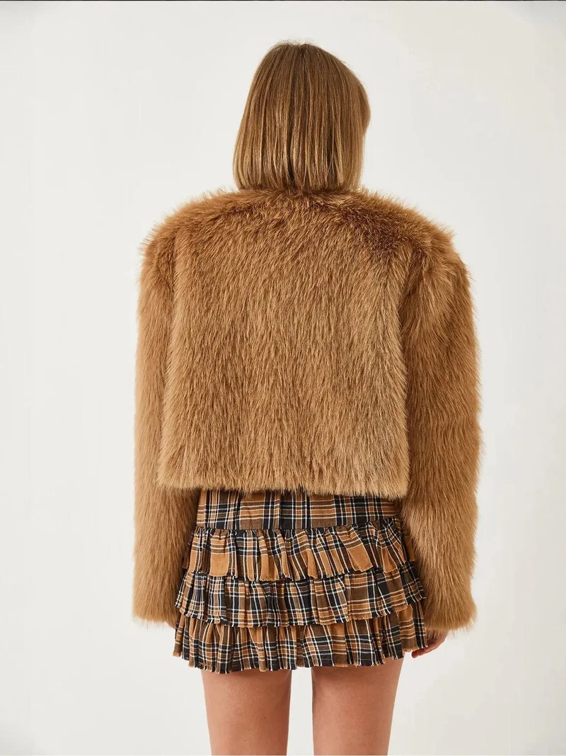 Bianco Lucci Camel Brown LUCCI Boxy Crop Faux Fur Coat for Women | Best Price UAE