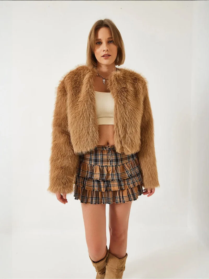 Bianco Lucci Camel Brown LUCCI Boxy Crop Faux Fur Coat for Women | Best Price UAE