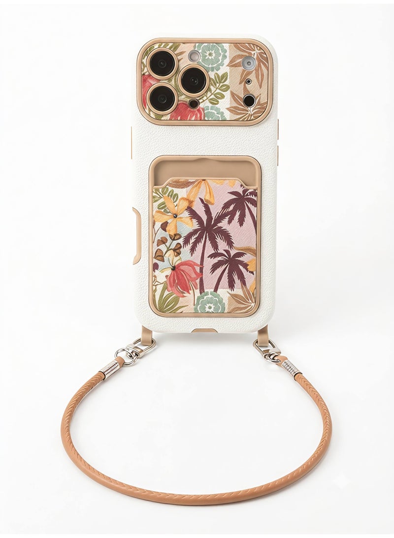 Aura Style Retro Palm Tree Wallet Case for iPhone 17 Pro Max with Lanyard, Women's Card Holder Cover, Multicolor