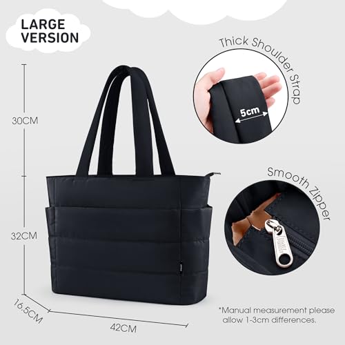 KALIDI Quilted Tote Bag, Carryall Puffer Shoulder Bag Padded Travel Large Anti Splash Zipper Casual Work Gym Women, Black - Image 3