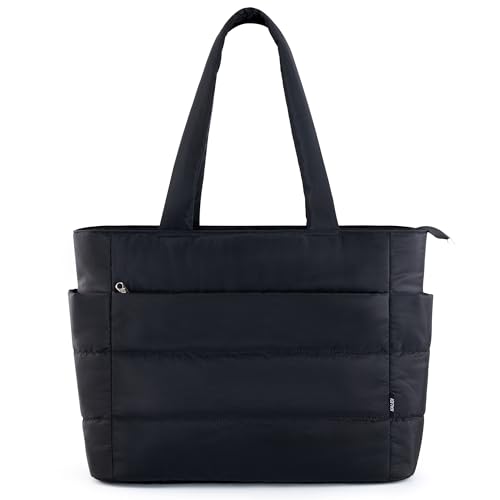 KALIDI Quilted Tote Bag, Carryall Puffer Shoulder Bag Padded Travel Large Anti Splash Zipper Casual Work Gym Women, Black - Image 1