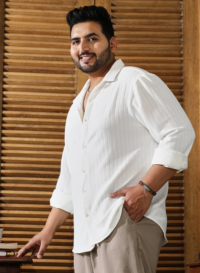 Instafab Plus Instafab Plus Men's Chalk White Chevron-Panel Tactile Shirt For Casual Wear | Spread Collar | Long Cuffed Sleeves | Button Closure | Plus Size Shirt Crafted With Comfort Fit For Everyday Wear