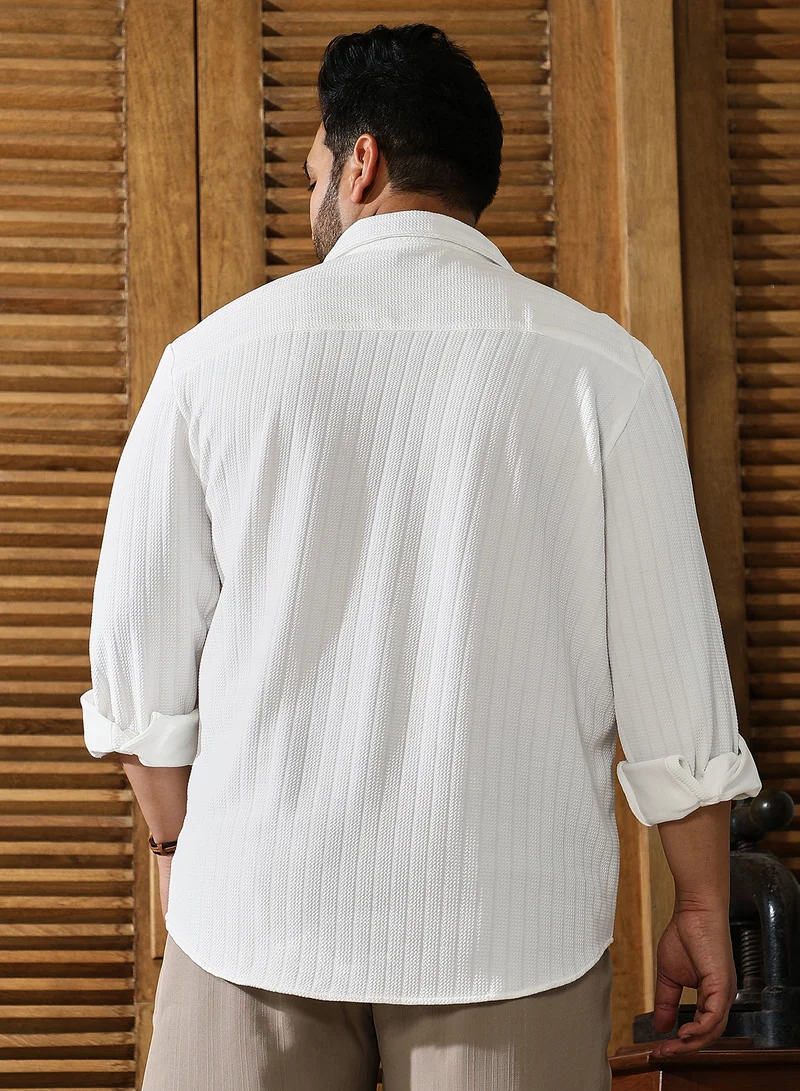Instafab Plus Instafab Plus Men's Chalk White Chevron-Panel Tactile Shirt For Casual Wear | Spread Collar | Long Cuffed Sleeves | Button Closure | Plus Size Shirt Crafted With Comfort Fit For Everyday Wear