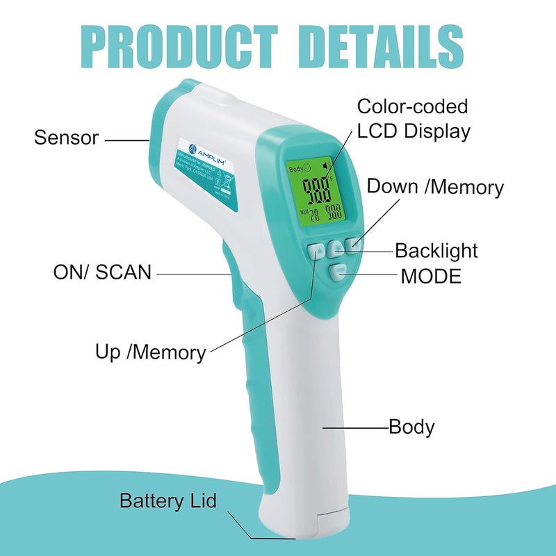 Amplim Forehead Thermometer for Adults Kids and Infants NoTouch Digital Baby Thermometer Temporal Touchless Medical Grade Newborn Thermometer Registry Must Have for Body Fever Temperatures Blue - Image 3