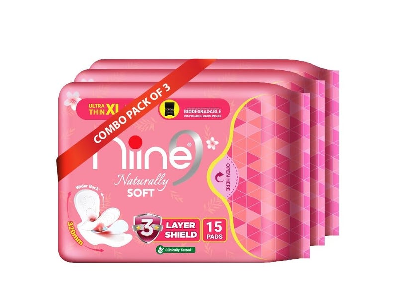 NIINE Naturally Soft Ultra Thin XL+ Sanitary Napkins for Heavy Flow (Pack of 3) 45 Pads with Free Biodegradable Disposal Bags - Image 1