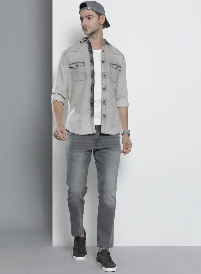 The Indian Garage Co Men Slim Fit Solid Full Sleeves Cutaway Collar Double Flap Pocket Street Wear Denim Shirt
