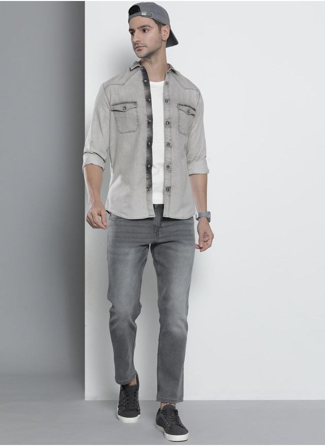 The Indian Garage Co Men Slim Fit Solid Full Sleeves Cutaway Collar Double Flap Pocket Street Wear Denim Shirt  - Image 5