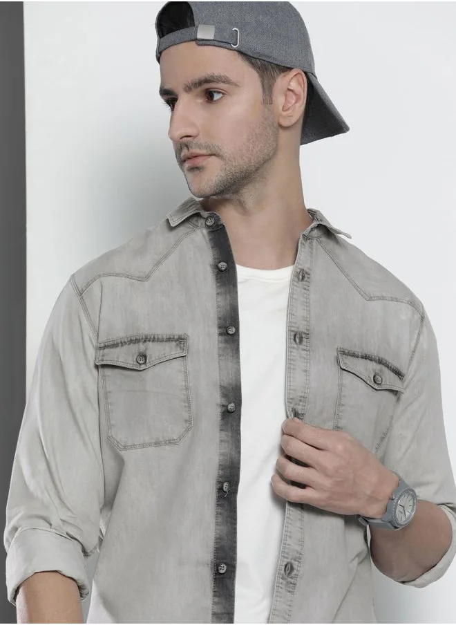 The Indian Garage Co Men Slim Fit Solid Full Sleeves Cutaway Collar Double Flap Pocket Street Wear Denim Shirt