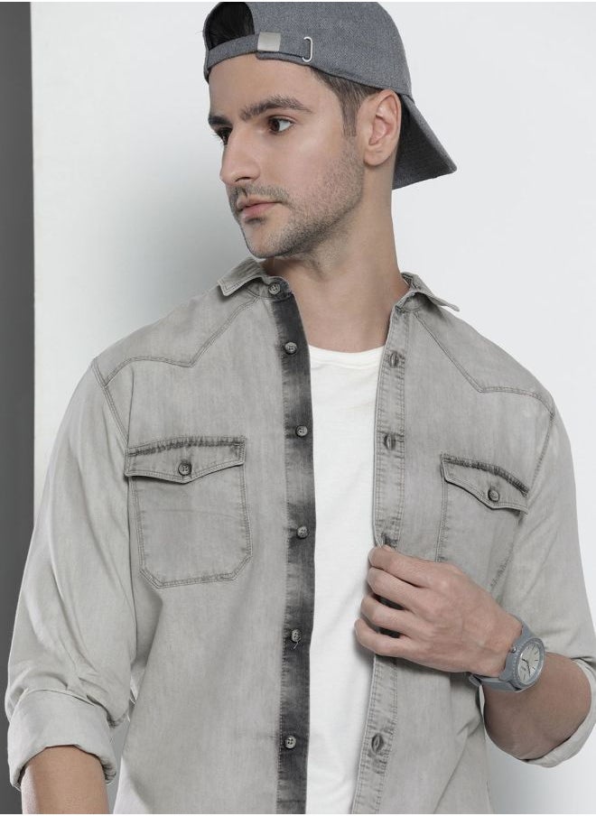 The Indian Garage Co Men Slim Fit Solid Full Sleeves Cutaway Collar Double Flap Pocket Street Wear Denim Shirt  - Image 1