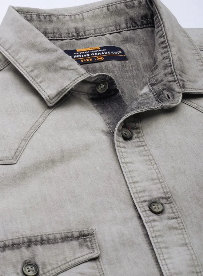 The Indian Garage Co Men Slim Fit Solid Full Sleeves Cutaway Collar Double Flap Pocket Street Wear Denim Shirt