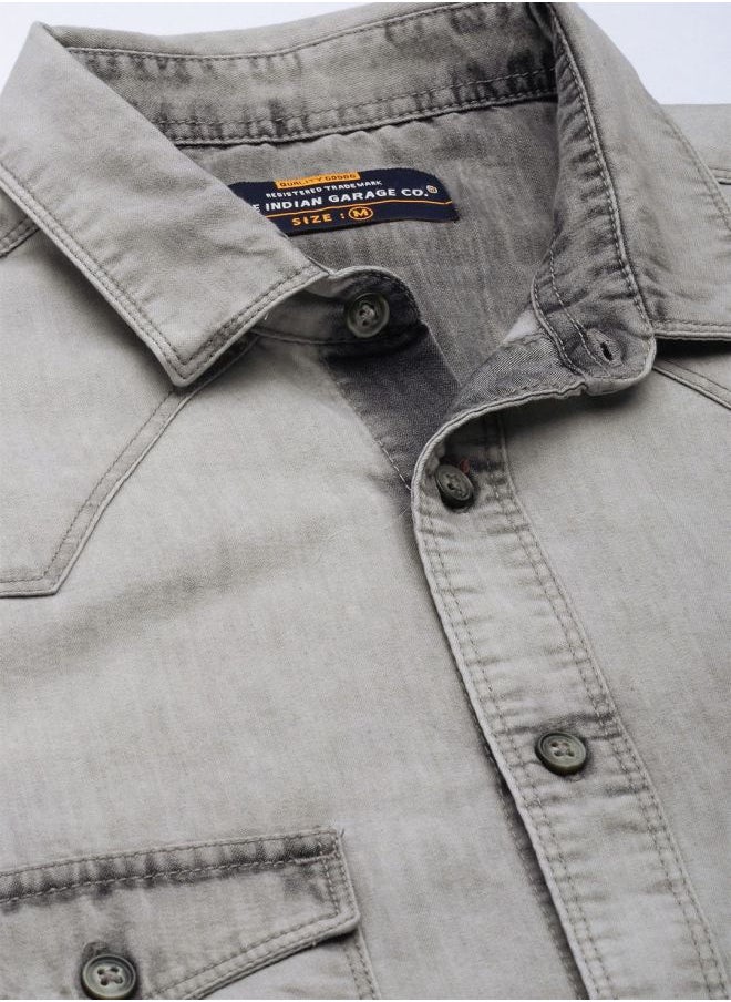 The Indian Garage Co Men Slim Fit Solid Full Sleeves Cutaway Collar Double Flap Pocket Street Wear Denim Shirt  - Image 4